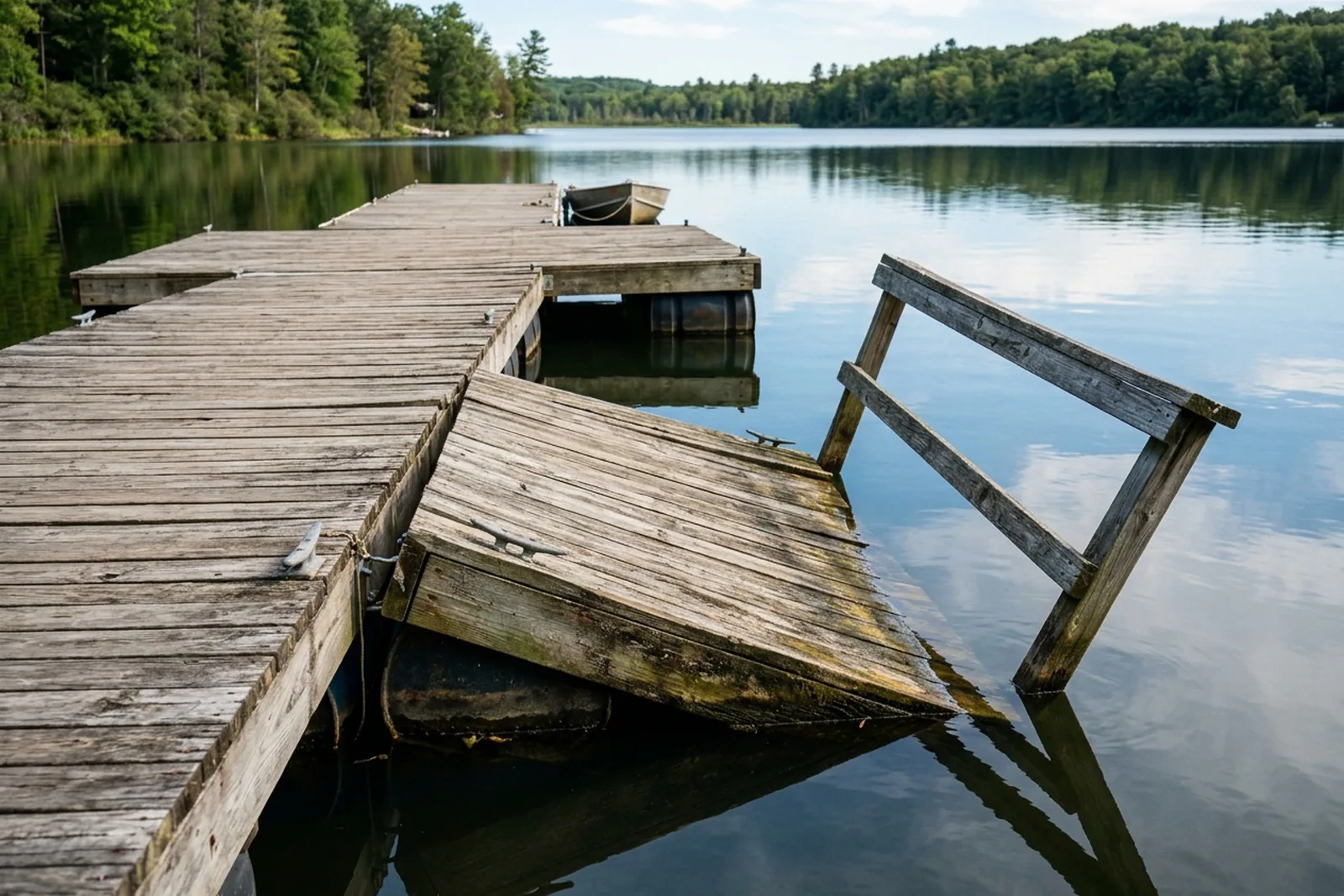 Floating dock with one corner sagging into the water