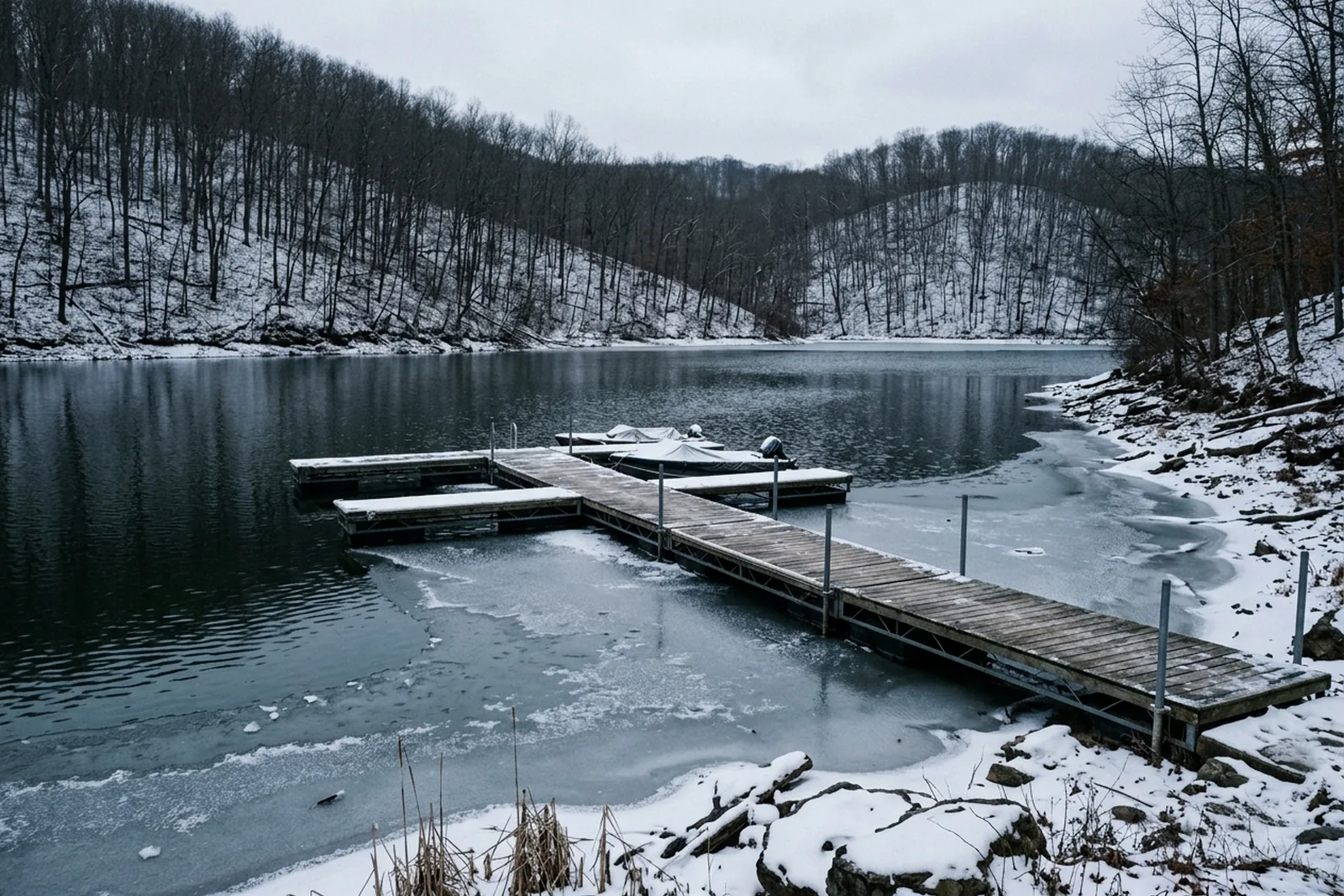 Floating dock with thin ice in the cove on a winter morning