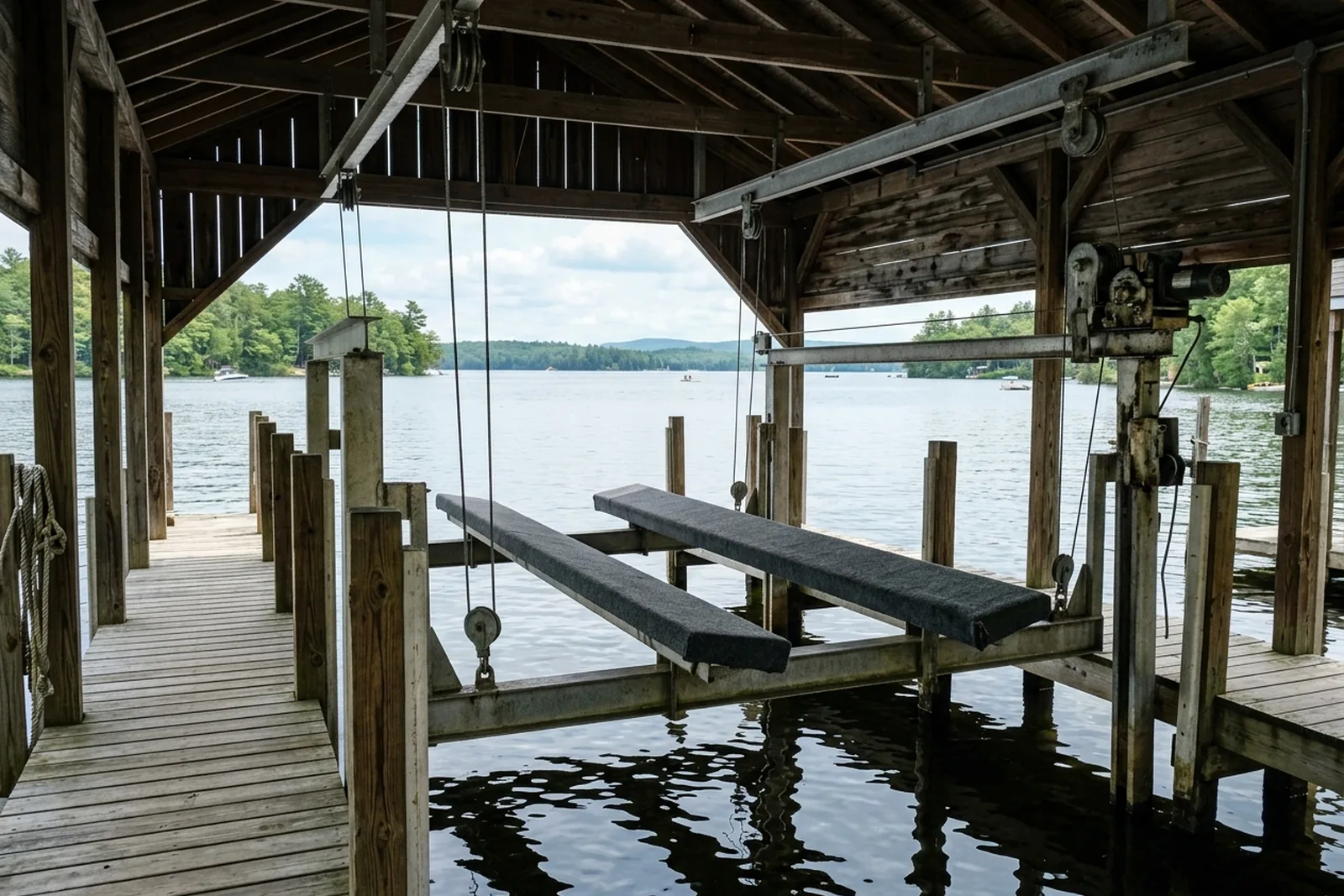 Boat lift cradle and bunks in a covered dock slip